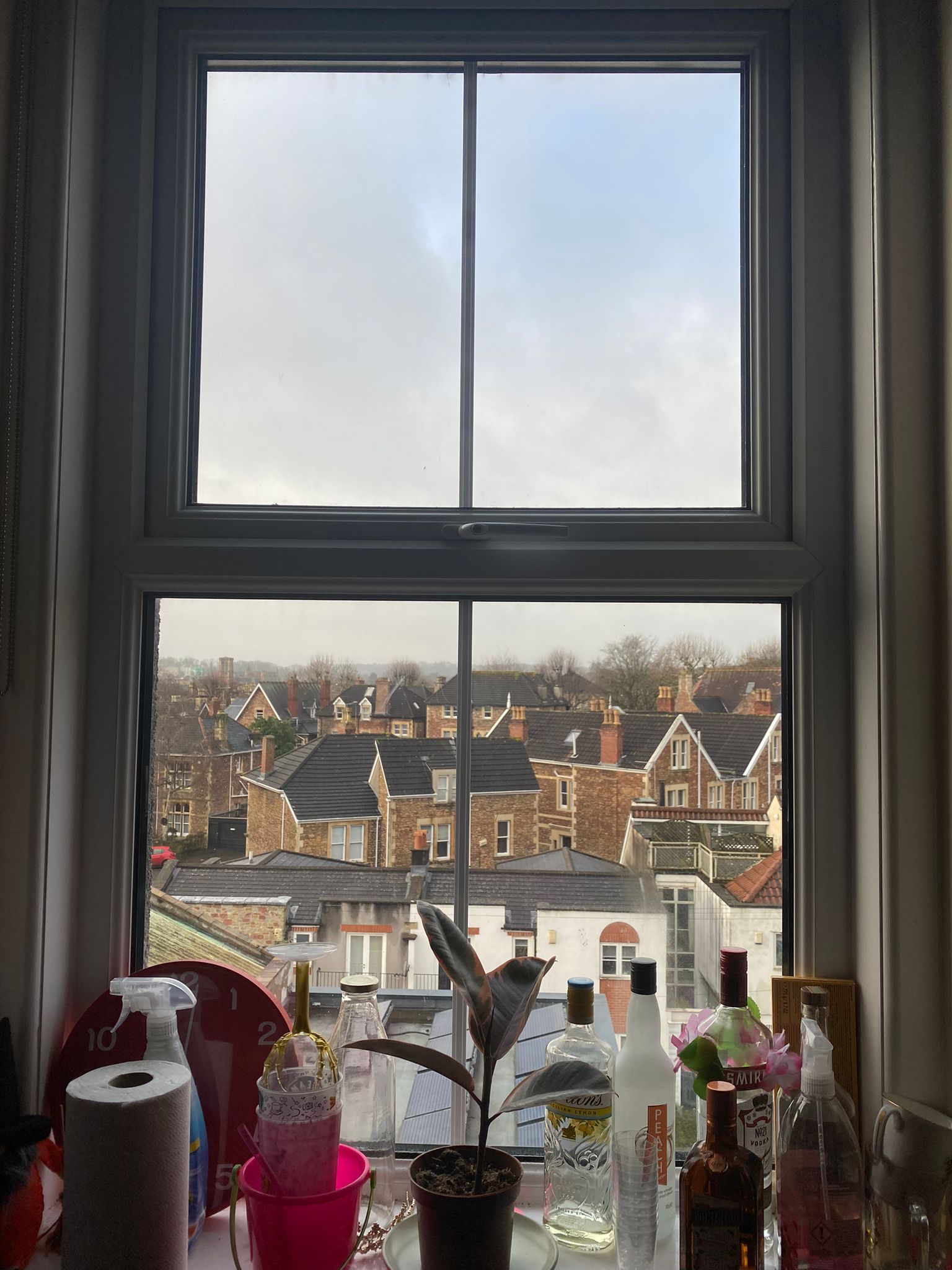 View of houses out of a window. The sky is cloudy and the window sill is littered with glass bottles, a red clock, a plant and kitchen roll.