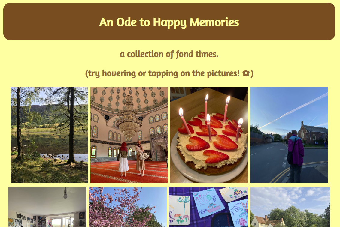 Image of a grid of various photos representing a photo gallery on a website. The title is Ode to Happy Memories